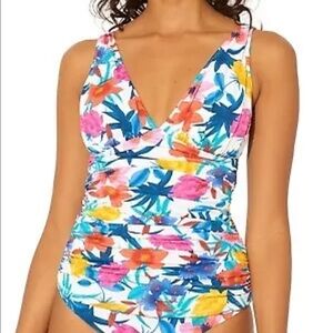 Bleu Rod Beattie WHITE FLORAL Over the Shoulder Plunge Tankini Swim Top 8 slim